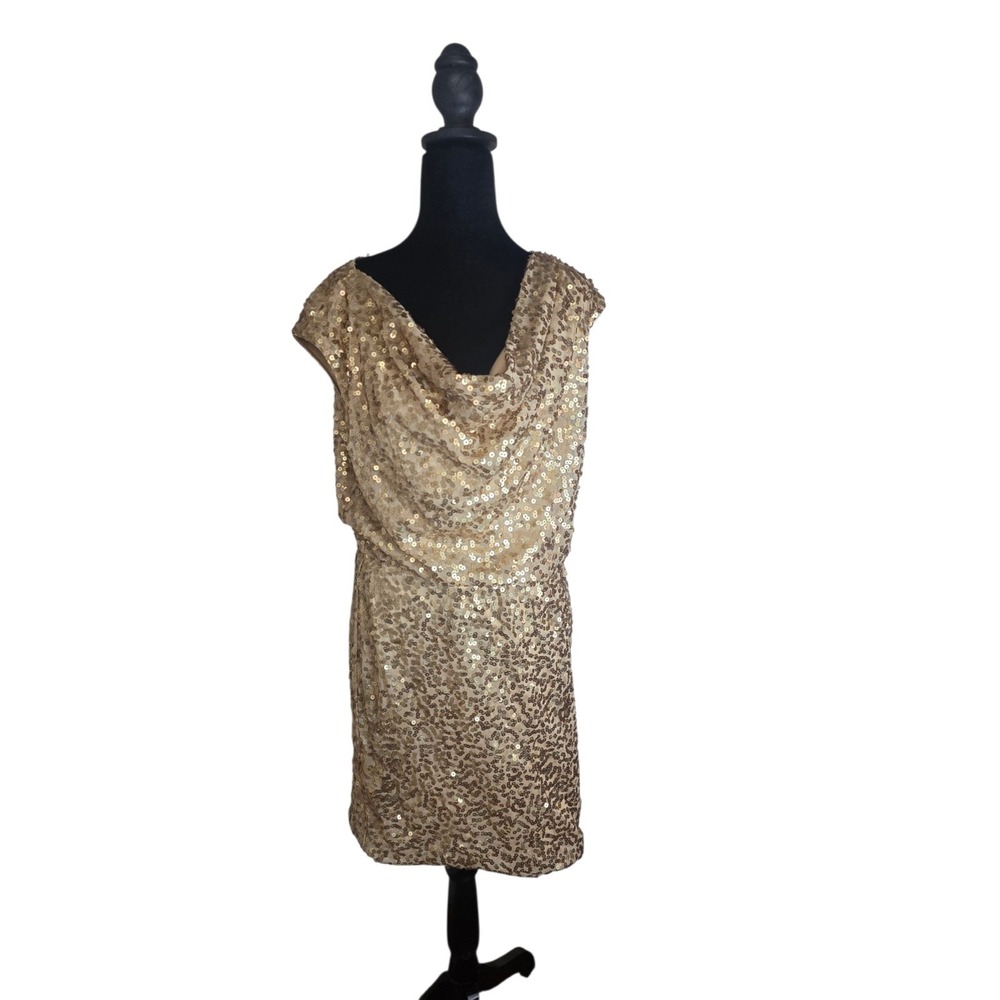 Eliza J Gold Sequin Dress Size 10 Cocktail Party Cowl Neck Knee Length